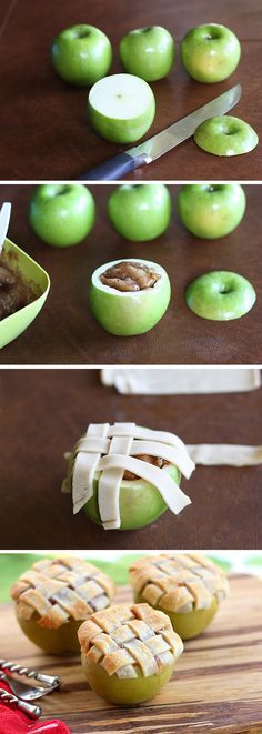 So trying this!! Mini apple pies with lattice crusts, baked inside apples. Ever see anything cuter than this? Apple Lattice Pie, Apple Pie Lattice, Lattice Pie, Weight Watcher Desserts, Dessert Aux Fruits, Thanksgiving Treats, Apple Pies, Favorite Dessert, No Bake Pies