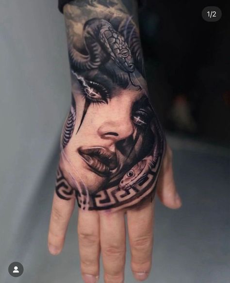 Medusa Hand Tattoo, Hand Tattoo Cover Up, Potrait Tattoo, Bullet Tattoo, Hand Tattoos For Men, Full Hand Tattoo, Medusa Tattoo Design, Realistic Tattoo Sleeve, Hand And Finger Tattoos