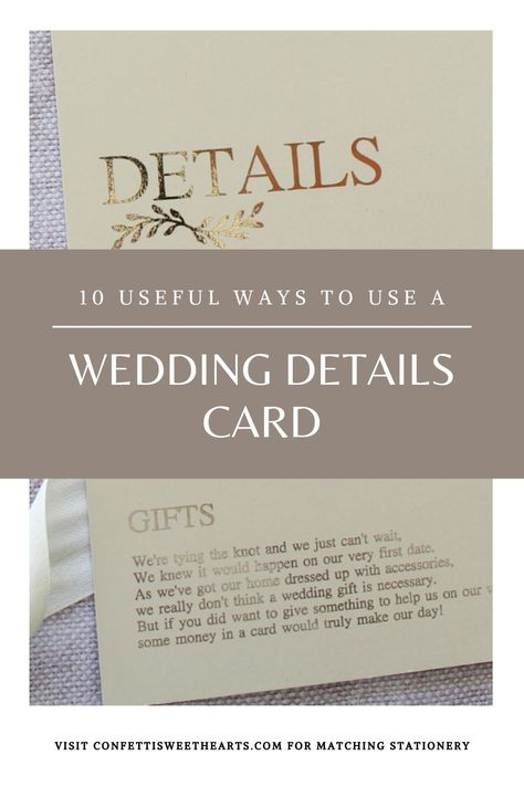 When choosing your wedding invitations you may have a lot of information you need to tell your guests, but you run the risk of over crowding your beautiful invite with too much text. This is where a details card comes in, to solve this problem for you, here are 10 things in this blog post you can use a details card for. #weddingdetails #weddingcards #weddingtips Details Of Wedding Invitation, Details Card For Wedding Invitation, What Information On Wedding Invite, The Details Wedding Card, Detail Cards For Wedding Invites, Wedding Invitation Details Card Wording, Details Card Wedding Invitation, Details Wedding Card, Wedding Invitation Details