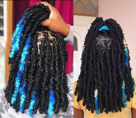 Butterfly Locs With Color Blue, Buterflylocks Styles, Extended Butterfly Locs With Color, Colored Butterfly Locs Black Women, Black Girls Hairstyles Butterfly Locs, Black And Blue Faux Locs, Different Color Butterfly Locs, Butterfly Locks Color, Blue And Black Butterfly Locs