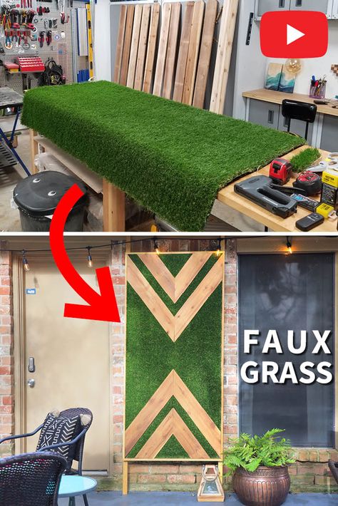 Artificial Grass Art, Faux Green Wall Outdoor, Plastic Grass Wall Ideas, Grass Wall Patio, Grass Wall Interior, Green Grass Wall Decor, Green Wall Diy, Outdoor Accent Wall, Artificial Grass Ideas Green Walls