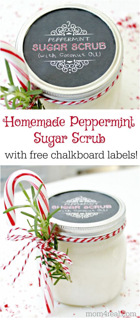 Peppermint Sugar Scrub with Free Printable Mason Jar Labels Diy Christmas Mason Jars, Christmas Sugar Scrubs, Sugar Scrub Diy Peppermint, Sugar Scrub Labels, Peppermint Sugar Scrub, Peppermint Scrub, Mason Jar Christmas Crafts, Christmas Mason Jars Diy, Peppermint Sugar Scrubs