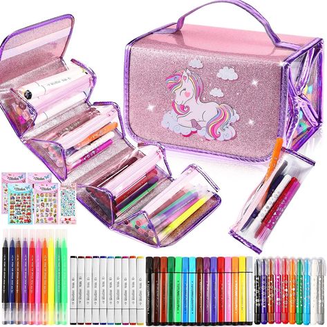 MeCids Kids Marker Set Unicorns Gifts for Girls Back to School Supplies Washable Coloring Pen Crayons Kits with Carrying Pencil Case, DIY Stickers Birthday Gift Box for Age 4-6-8-12 Gel Pen Coloring, Outline Markers, Pencil Case Art, Twistable Crayons, Unicorn Pencil Case, Art School Supplies, Crayon Painting, Color Markers, Gel Pens Coloring