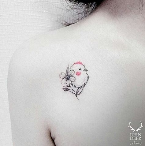 Chicken And Flower Tattoo, Small Chicken Tattoo Simple, Tiny Chicken Tattoo, Baby Chick Tattoo, Cute Chicken Tattoo, Chicken Tattoos For Women, Little Chicken Tattoo, Small Chicken Tattoo, Chicken Tattoo Ideas