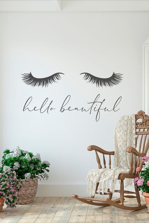 This vinyl wall decal has no clear or colored background. Transfer tape is used to transfer the design to the wall and then removed, leaving only the design on the wall. It is easily removed without damaging interior walls, but it is not reusable. Permanent Makeup Studio Decor, Studio Decoration Ideas, Selfie Wall Ideas Salon, Shop Bathroom Ideas, Permanent Makeup Studio, Wall Art Girls Bedroom, Beauty Wall Art, Makeup Studio Decor, Studio Decoration