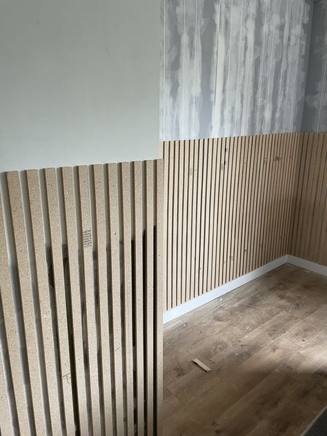 Vertical Wooden Panelling Walls, Small Bathroom Slat Wall, Wood Slat Bathroom Vanity Diy, Half Slated Wall, Diy Wood Slat Half Wall, Half Wall Slats, Slat Wall Chair Rail, Wood Slat Half Wall Bathroom, Half Slat Wall Ideas