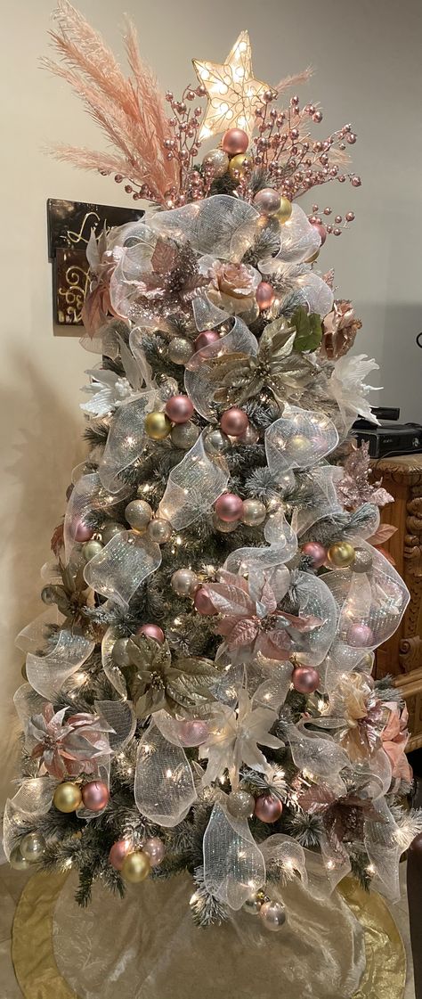 Christmas Tree With Rose Gold Decor, Pink White Gold Silver Christmas Tree, Rose Gold And Grey Christmas Tree, Pink White Silver Christmas Tree, Pink Xmas Tree Ideas, White And Blush Christmas Tree, Rose Gold White And Silver Christmas Tree, White Christmas Tree Rose Gold Decor, Pink And Gold Ornaments Christmas Tree