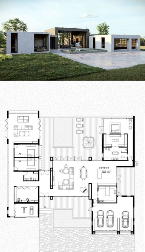 U Shaped House Plans, Courtyard House Plans, Bedroom Barndominium, Barndominium Ideas Interiors, Building Plans House, Architectural Floor Plans, Barndominium Ideas Floor Plans, Modern Style House Plans, House Construction Plan