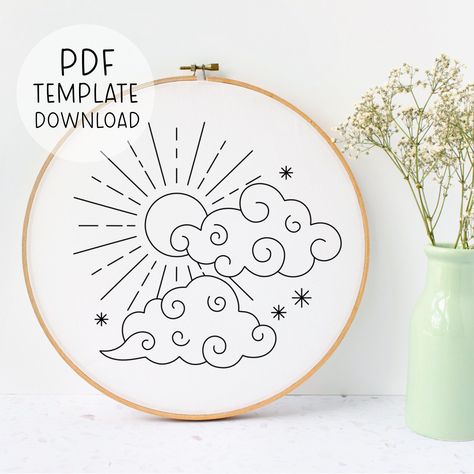 embroidery patterns Cloud Embroidery Design, Celestial Embroidery, Whimsical Embroidery, Sun Embroidery, Cat Lover Birthday, Embroidery Easy, Pattern Template, Easy Embroidery, Embroidery Tools