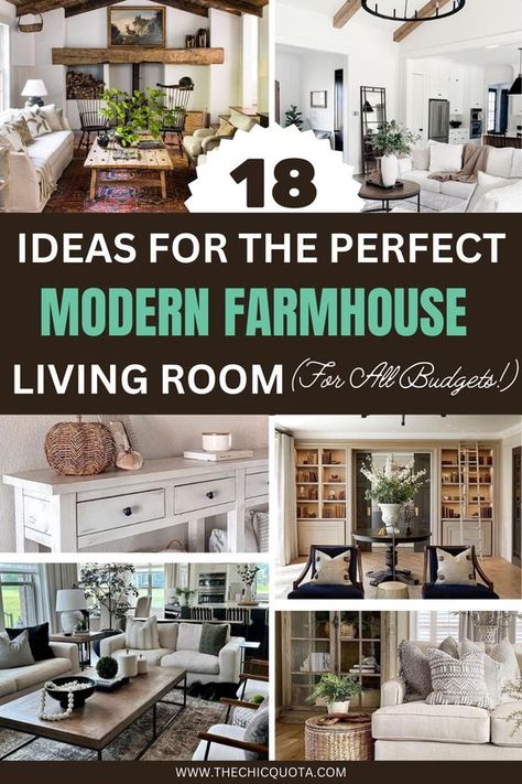 This post tells you everything you need to know about creating the perfect modern farmhouse living room with 18 ideas that can accommodate all budgets. No need to have a huge living room and custom-built sliding barn doors to achieve a modern farmhouse interior – all you need is some creativity and the ideas that I have collected for you! Modern Farmhouse Living Room Joanna Gaines, Modern Farmhouse Living Room Inspiration, Modern Farmhouse Family Room, Modern Farmhouse Living Room Ideas, Farmhouse Family Rooms, Modern Farmhouse Interior Design, Modern Farmhouse Furniture, Country Style Living Room, Modern Farmhouse Living Room Decor