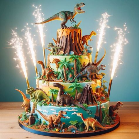 Volcano Birthday Cake, Dinosaur Volcano Cake, Waterfall Cake, Volcano Cake, Art Cakes, Dinosaur Birthday Cakes, Cake Kids, Dinosaur Cake, Dino Party