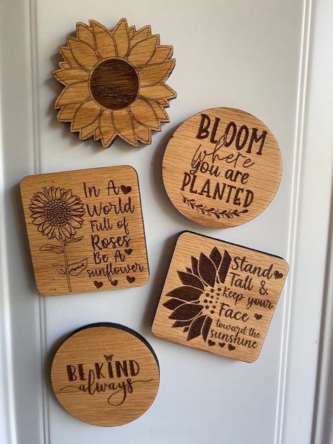 Wood Burned Projects, Wood Magnet Ideas, Wood Burning Magnets, Laser Engraving Projects, Wood Souvenir, Wood Magnets, Wood Burned Magnets, Laser Magnets, Wood Burning Ideas Sunflower