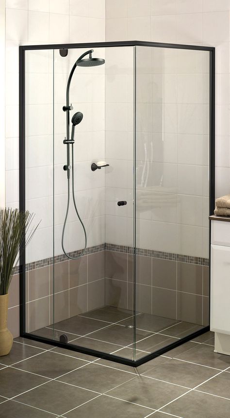 Black Panel Shower Screen, Modern Black Frame Shower Door, Shower Screens Ideas Small Bathrooms, Black Frame Shower Screen, Black Showers Bathroom, Semi Frameless Shower Screen, Semi Frameless Shower Door, Shower Screens Ideas, Black Shower Frame