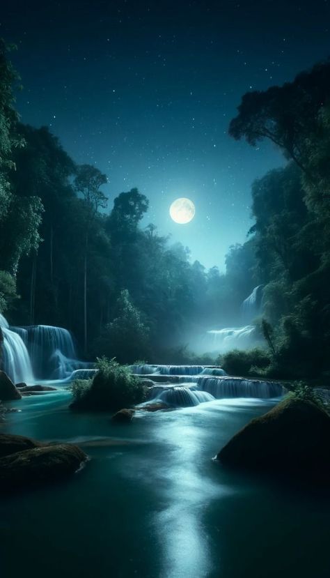 Moonlit Waterfall, For Desktop Wallpapers, River Aesthetic, Wallpapers 4k Hd, Waterfall Landscape, Wolf Wallpaper, Beautiful Art Pictures, Night Landscape, Trendy Wallpaper