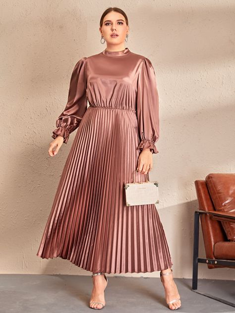 SHEIN Plus Mock Neck Bell Sleeve Pleated Dress | SHEIN South Africa Causal Frocks, Printed Prom Dresses, Modest Maxi, Halter Bodycon Dress, Velvet Bodycon Dress, Floor Length Prom Dresses, Dress Muslim, Mesh Bodycon Dress, Sequin Bodycon Dress