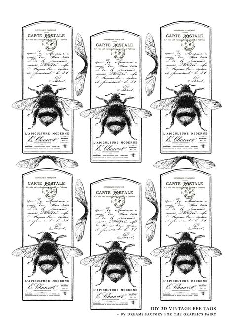 Vintage Bee Printables Free, Bee Tags Free Printables, 2024 Printable, Bee Tags, Bee Printables, The Graphics Fairy, Free Vintage Printables, Painted Background, Free Printable Art