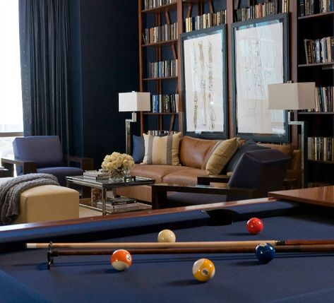 Luxurious Library, Snooker Room, Pool Table Room, Pool Rooms, Transitional Living Rooms, Billiard Room, Blue Living Room, Game Room Decor, Room Tour