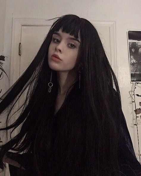 Natural Black Wig with Bangs  Our Model is @dollltears Product: edw1021  Use Code: SUM19.40% OFF. Order via >> www.everydaywigs.com (link in my bio) #everydaywigs #Blackwig #Blackhair #longhair #longwig #hairstyle #hairstyleforgirls #hairstyleforwomen #curlywig #wavywig #wig #lacefrontwig #frontlacewig #frontlacewigs #summersale #synthetic #syntheticwig #beauty #ombrewig #hair #beauty #nature Black Wig With Bangs, Black Hair Bangs, Goth Hair, Alternative Makeup, Long Hair With Bangs, Black Wig, Wig With Bangs, Long Black Hair, Hair Reference