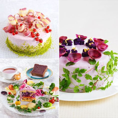 Salad Cakes Are Taking the Internet by Storm Veggie Cakes, Salad Cake, Cake Form, Sandwich Cake, Salty Cake, Eat Salad, Tea Sandwiches, Tasting Table, Colorful Cakes