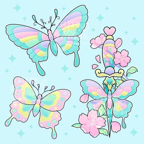 Butterfly Art Illustration, Glitter Drawing, Butterfly Cute, Illustrative Butterfly Tattoo, Japanese Butterfly Drawing, Cute Butterfly Drawing, Kawaii Drawing, Butterfly Doodle, Pastel Butterfly Tattoo