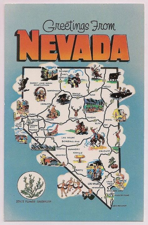 Nevada Map Postcard - Retro Tourist Map Souvenir - Vintage ... Nevada Las Vegas, Nevada Poster, Nevada Aesthetic, State Project, Nevada Map, Lake Las Vegas, Tahoe City, Usa Trip, Barbara Ann