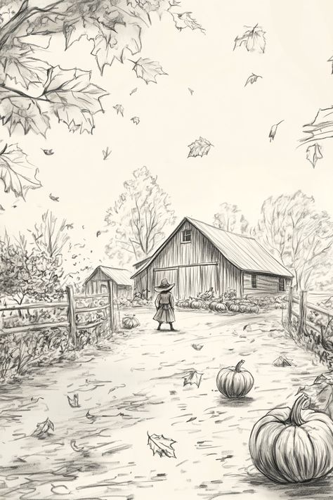 Cozy pencil sketch depicting fall drawing ideas with a pumpkin patch, scarecrow, and barn, perfect for easy autumn drawing inspiration. Fall Drawings Ideas, Fall Drawing Ideas Autumn, Autumn Tree Drawing, Autumn Sketches, Fall Drawing Ideas, Autumn Drawing, Fall Drawings, Drawings Ideas, Nature Inspired Design