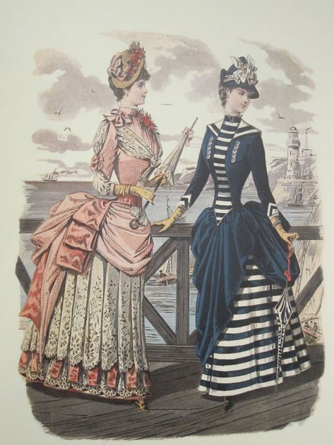 Spanish seaside bustle gowns Victorian Seaside, 1870 Fashion, 1870s Fashion, Victorian Era Fashion, 1880s Fashion, Bustle Dress, 19th Century Fashion, Historic Photos, Stripe Outfits