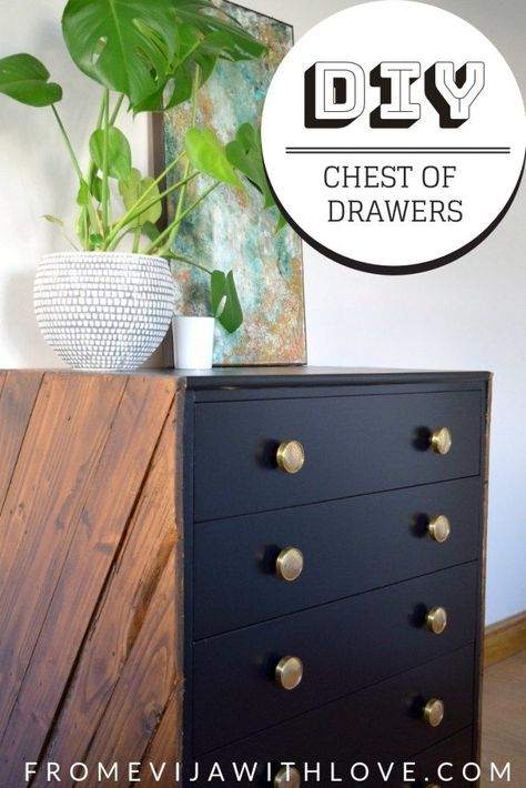 How to Transform Chest of Drawers using Pallets and Paint - From Evija with Love. decoart satin enamel paint in classic black, dark stain and gold coloured hardware Diy Chest Of Drawers, Furniture Staging, Chest Of Drawers Makeover, Dresser Makeovers, Retro Desk Lamp, Black Chest Of Drawers, Chest Of Draws, Chest Drawers, Refinishing Furniture Diy