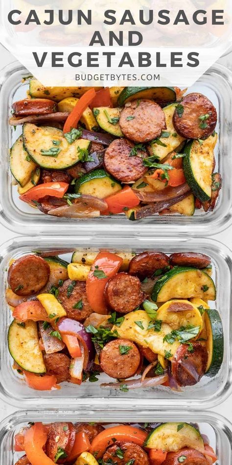 This simple Cajun Sausage and Vegetables meal prep is a fast, easy, flavorful, and delicious way to get your daily dose of vegetables! BudgetBytes.com Sausage And Vegetables, Sausage And Veggies, Cajun Sausage, Resepi Biskut, Crockpot Healthy, High Protein Meal Prep, Healthy High Protein Meals, Healthy Lunch Meal Prep, Dinner Meal Prep