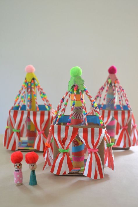 kids make circus tents from a cardboard box ~ guest post for @followcharlotte Circus Tents, Circus Crafts, Under The Big Top, Theme Carnaval, Handmade Charlotte, Circus Tent, Circus Art, Circus Theme, Big Top