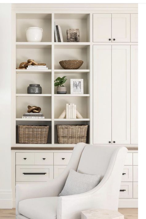 Narrow Bookshelf Styling, Small Office Built Ins, Narrow Bookshelf, Display Bookcase, Office Built Ins, Fireplace Built Ins, Cozy Living Spaces, Master Room, Bookshelf Styling