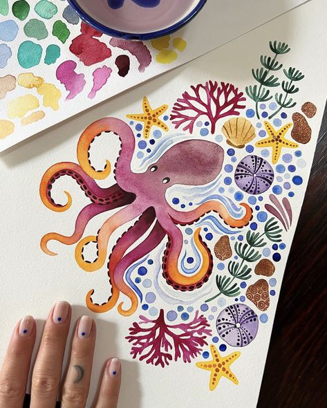 Octopus Diy, Watercolor Art Lessons, Arte Inspo, 자수 디자인, Art Inspiration Painting, Painting Art Projects, Marker Art, Book Art Drawings, Diy Art Painting