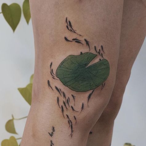 All Green Tattoo, Cat Tail Plant Tattoo, Woman Floating In Water Tattoo, Lily Pond Tattoo, Leech Tattoo, Oarfish Tattoo, Lily Pads Tattoo, Frog On Lily Pad Tattoo, Tattoos For Ankle