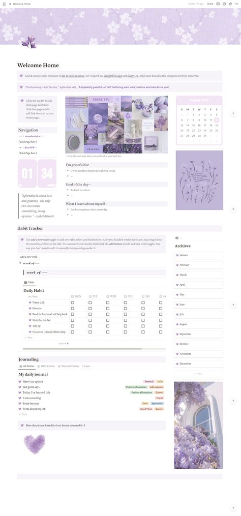 Free Lilac-themed General Dashboard #Notion Notion Template Ideas Purple, Purple Notion Cover, Ghibli Template, Notion Manifestation, Notions Template, Notion Purple, Notion Hacks, Planners Aesthetic, Notion Layout