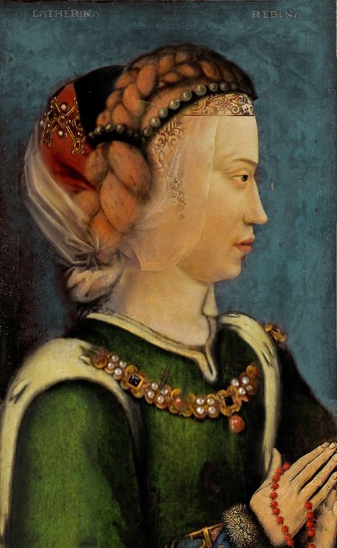 Catherine de Valois Queen of England (1401-1437),daughter of Charles VI of France and  Isabeau of Bavaria. After two years of marriage, Catherine became a widow. She then entered into a sexual relationship with Welshman Owen ap Maredudd ap Tudor, who, in 1421, in France, had been in the service of Henry V's steward Sir Walter Hungerford. Catherine Of Valois, House Of Plantagenet, Henry V, Tudor Dynasty, Jan Van Eyck, English Royalty, Wars Of The Roses, Tudor History, English History