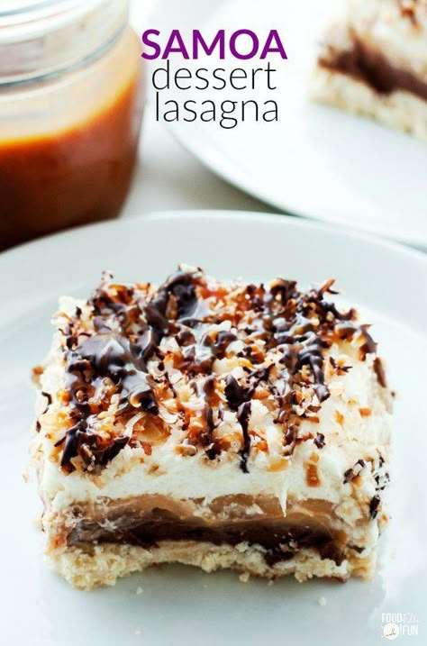 Samoa Dessert, Samoas Recipe, Coconut Shortbread, Ideas For Dessert, Samoa Cookie, Dessert Lasagna, Layered Dessert, Chocolate Lasagna, Caramel Pudding