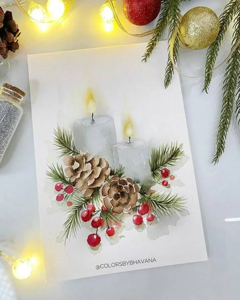 Christmas Watercolor Painting Ideas for Cards and More - Watercolour Workshop Christmas Watercolor Painting, Watercolor Christmas Art, Ideas For Cards, Watercolor Candles, Diy Watercolor Cards, Watercolor Christmas Cards Diy, Watercolor Painting Ideas, Watercolor Holiday Cards, Painted Christmas Cards