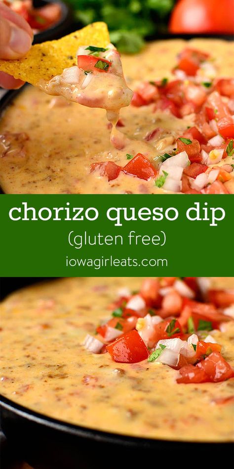 Chorizo Queso Dip, Queso Chorizo, Gluten Free Nachos, Chorizo Dip, Easy Queso, Chorizo Queso, Gluten Free Dips, Dip Easy, Gluten Free Appetizers