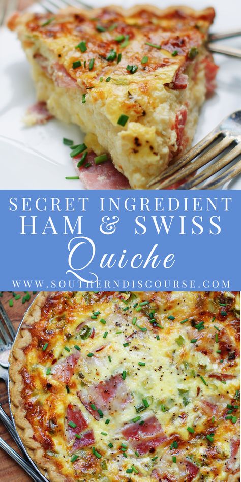 Secret Ingredient Ham & Swiss Quiche - southern discourse Ham Swiss Quiche, Ham And Swiss Quiche, Swiss Quiche, Southern Discourse, Quiche Lorraine Recipe, Ham And Swiss, Breakfast Quiche Recipes, Quiche Recipes Easy, Leftover Ham Recipes