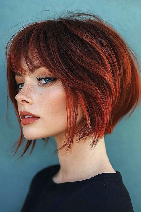 bob hairstyles, face shape, versatile Red Shaggy Bob, Bob Red Hair Short, Carved Bob Haircut, Red Bob With Bangs, Short Wispy Bangs, Bob Highlights, Red Bob Hair, Messy Bob Haircut, Modern Bob Hairstyles