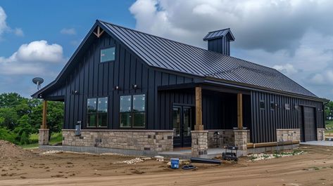 Barndominium Pros and Cons, According to Experts – BarndoModern Charcoal Grey Barndominium Exterior, Charcoal Barndominium Exterior, Gray Barndominium Exterior, Dark Barndominium, Black Barndominium Exterior, Barndominium Exterior, Barndominium Cost, Cabin Mountain, Barndominium Interior