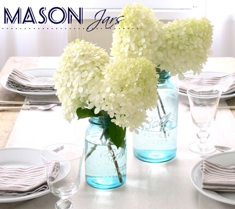 mason jars flowers Ball Jar Centerpieces, Easy Centerpieces, Pretty Tablescapes, Hydrangea Season, Hydrangea White, Hydrangea Centerpiece, Ball Jar, Jar Centerpieces, Simple Centerpieces