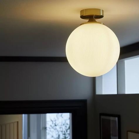 White Ceiling Lights, White Ceiling Light, Globe Ceiling Light, A Globe, Ribbed Glass, White Ceiling, Bedroom Green, Flush Ceiling Lights, Dimmer Switch