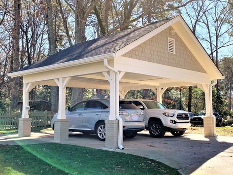 Carport in gray and white with Hardiboard shake gable walls and bead board ceiling by Penn Carpentry, Atlanta General Contractor Gable Carport Ideas, Detached Car Port Ideas, Carport Over Driveway, Detached Carport Ideas Breezeway, Lean To Garage Ideas, 2 Car Carport Ideas, Covered Parking Ideas Outdoor Spaces, Cute Carport Ideas, Carport Designs Detached