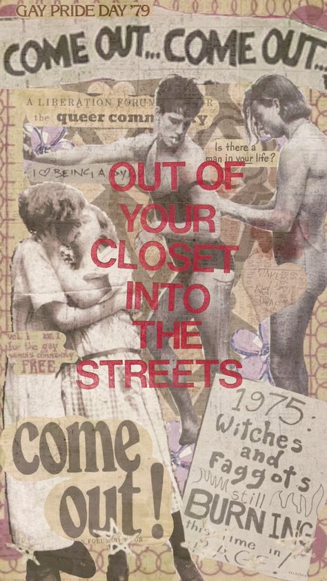 come out come out wherever you are (no pressure tho, only if you're safe ready and want to) #gay #lgbtq #lesbian #queer #vintage #oldfashioned #queerart #love #resistance #vintagequeer Queer Protest 70s, Queer Friendship Aesthetic, Vintage Queer Art, Queer Punk Art, Queer Witchcraft, Queer Art Illustration, Queer Collage, Queer Painting, Queer Posters