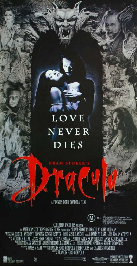 BRAM STOKER'S DRACULA (1992) - Gary Oldman - Wynona Ryder - Anthony Hopkins - Keanu Reeves - Based on novel by Bram Stoker - Directed by Francis Ford Coppola - Columbia Pictures - Movie Poster. Dracula 1992, Poster Challenge, Vampire Movies, Bram Stoker's Dracula, Batman Returns, Film Horror, Vincent Price, Horror Posters, Bram Stoker