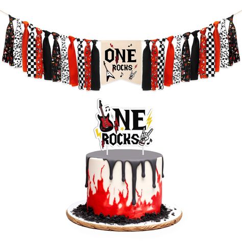 PRICES MAY VARY. One Rocks Birthday Decorations - This package includes 1pc fabric garland and 1pc cake topper. The size of the garland is about 33 inches long, which is a nice addition to the 1st birthday party decor. Easy To Assemble - The “One Rocks” cake topper is fully assembled. The fabric banner is pre-strung with a rope. No DIY required. It comes with some glue dots, and you just need to stick the banner on the high chair. Also looks adorable hung on the fireplace, smash cake photos, or Born To Rock Party, Rock And Roll Theme, First Birthday Theme Boy, 1st Birthday Party Decor, Born To Rock, Party Photo Booth Props, Rock Cake, 1st Birthday Party Themes, Party Flags