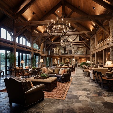 Modern barndominium design idea Spanish Barndominium Ideas, Lodge Barndominium, Bardominum Ideas Inside, Rustic Barndominium Interior, Barndominium Styles, Inside Barndominium, Luxury Barndominium, Luxury Log Homes, Big Beautiful Houses