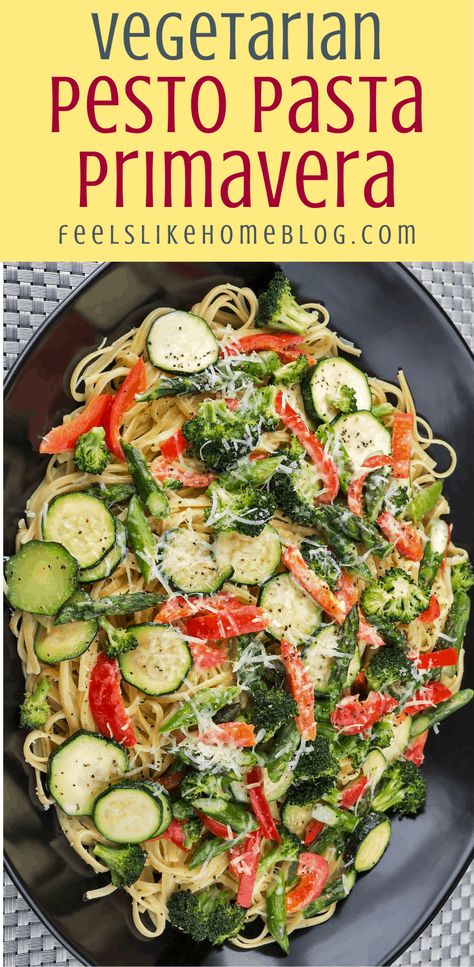 Quick & Easy Vegetarian Pesto Pasta Primavera - Feels Like Home™ Pesto Pasta Primavera, Pesto Recipes Dinner, Vegetarian Pesto Pasta, Vegetarian Pesto, Homeschool Meals, Creamy Pesto Pasta, Homemade Spaghetti Sauce, Summer Vegetables, Homemade Spaghetti