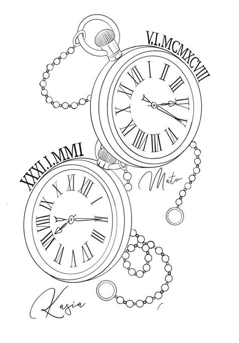 Time Clock Tattoo, Pocket Watch Drawing, Pocket Watch Tattoo Design, Clock And Rose Tattoo, Watch Tattoo Design, Gear Tattoo, Clock Drawings, Chain Tattoo, Floral Thigh Tattoos